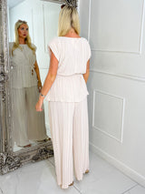 Tie-Waist Padded Shoulder Pleated Style Top & Matching Flares - Cream