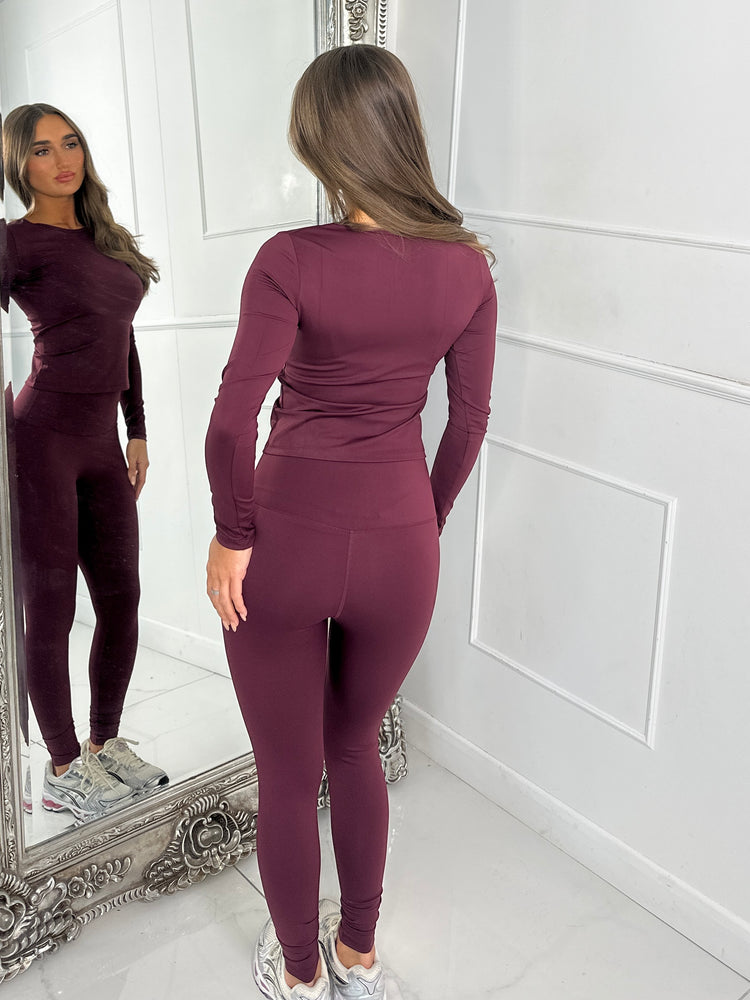 Long Sleeve Gym Top & Sculpt Leggings Set - Wine