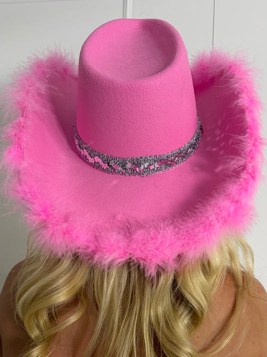 Feather Diamante Cowboy Hat - Pink