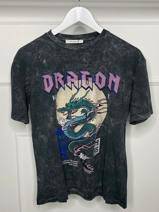 Dragon Print Acid Wash T-Shirt - Grey