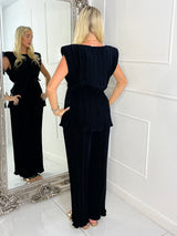 Tie-Waist Padded Shoulder Pleated Style Top & Matching Flares - Navy Blue