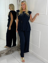 Tie-Waist Padded Shoulder Pleated Style Top & Matching Flares - Navy Blue