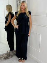 Tie-Waist Padded Shoulder Pleated Style Top & Matching Flares - Navy Blue