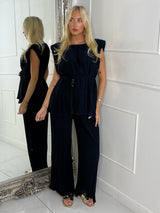 Tie-Waist Padded Shoulder Pleated Style Top & Matching Flares - Navy Blue