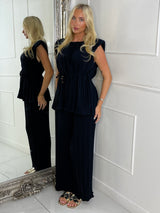 Tie-Waist Padded Shoulder Pleated Style Top & Matching Flares - Navy Blue