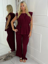 Tie-Waist Padded Shoulder Pleated Style Top & Matching Flares - Wine