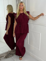 Tie-Waist Padded Shoulder Pleated Style Top & Matching Flares - Wine