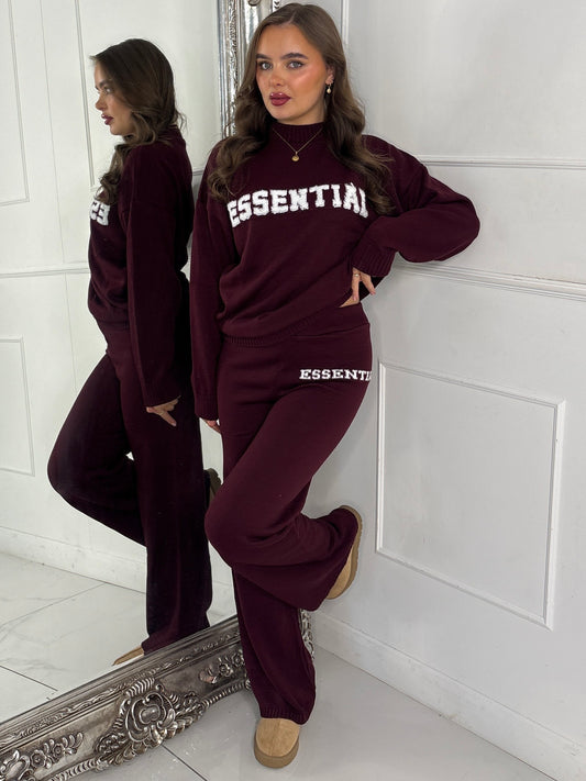 Essential Knitted Jumper & Wide Leg Pants Co-Ord - Wine