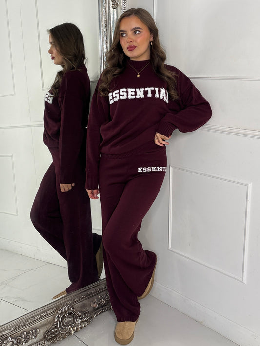 Essential Knitted Jumper & Wide Leg Pants Co-Ord - Wine