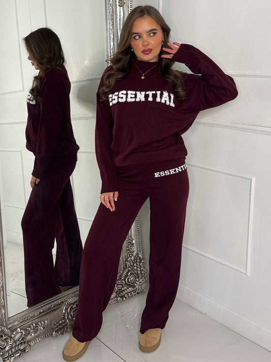 Essential Knitted Jumper & Wide Leg Pants Co-Ord - Wine