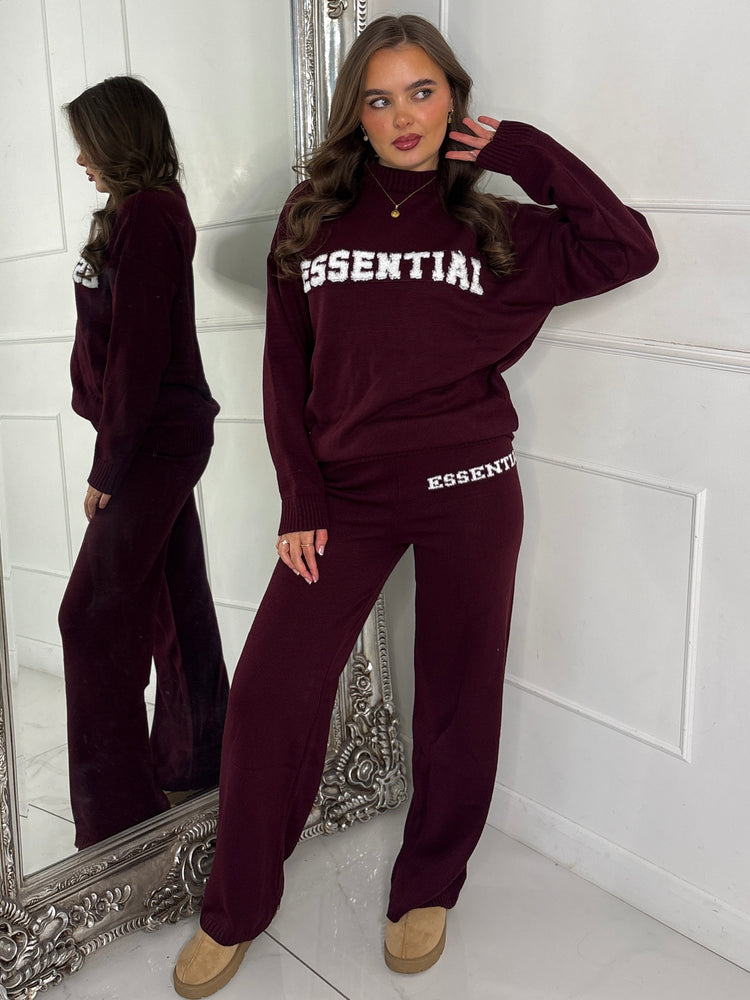 Essential Knitted Jumper & Wide Leg Pants Co-Ord - Wine