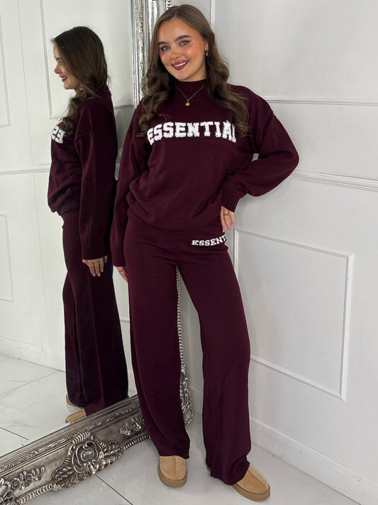Essential Knitted Jumper & Wide Leg Pants Co-Ord - Wine
