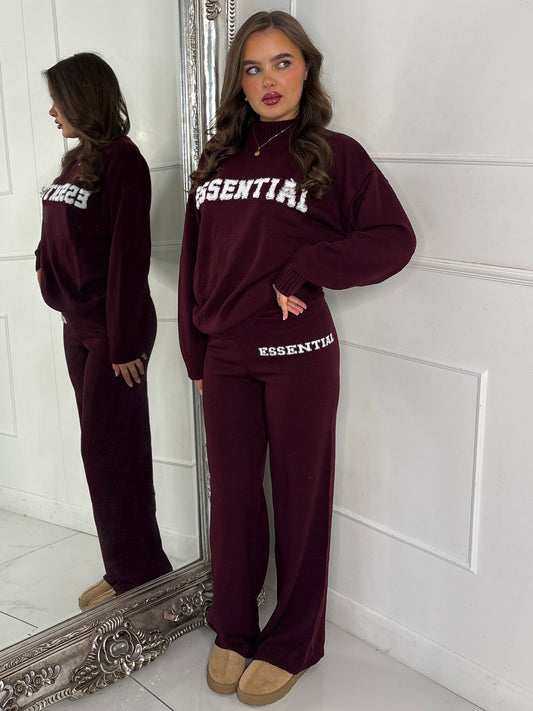 Essential Knitted Jumper & Wide Leg Pants Co-Ord - Wine