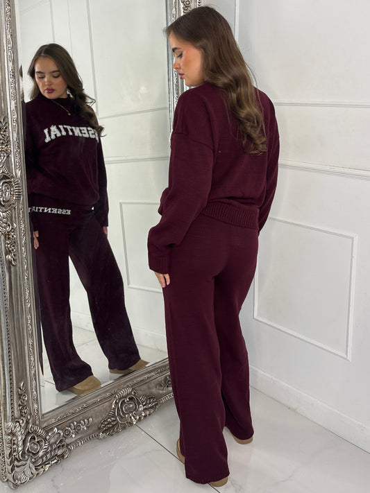 Essential Knitted Jumper & Wide Leg Pants Co-Ord - Wine