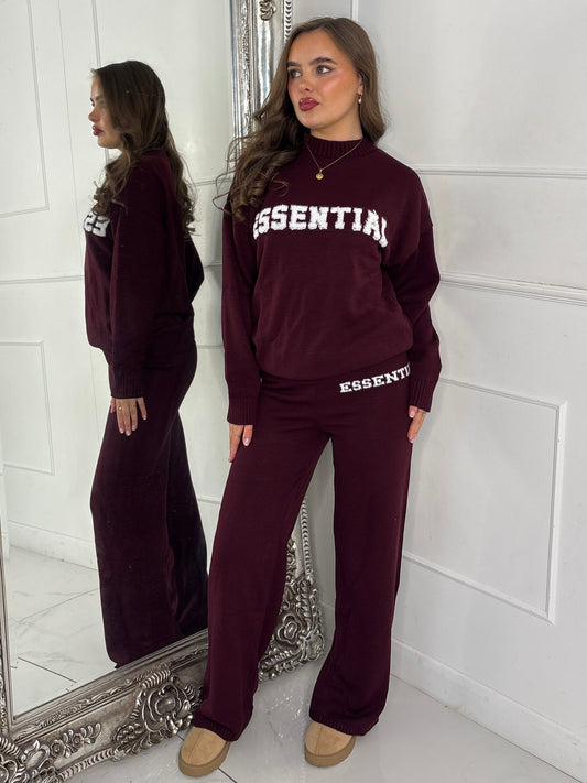 Essential Knitted Jumper & Wide Leg Pants Co-Ord - Wine