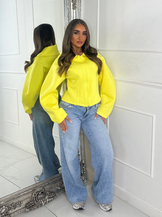 Zip Up Oversized Collar Jacket - Yellow
