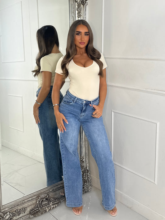 Plain Flared Denim Jeans - Mid Wash