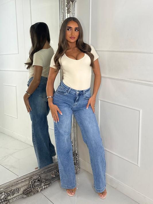High Waisted Wide Leg Jeans - Mid Wash