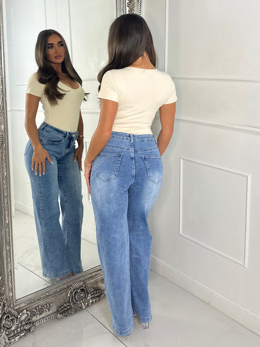 High Waisted Wide Leg Jeans - Mid Wash