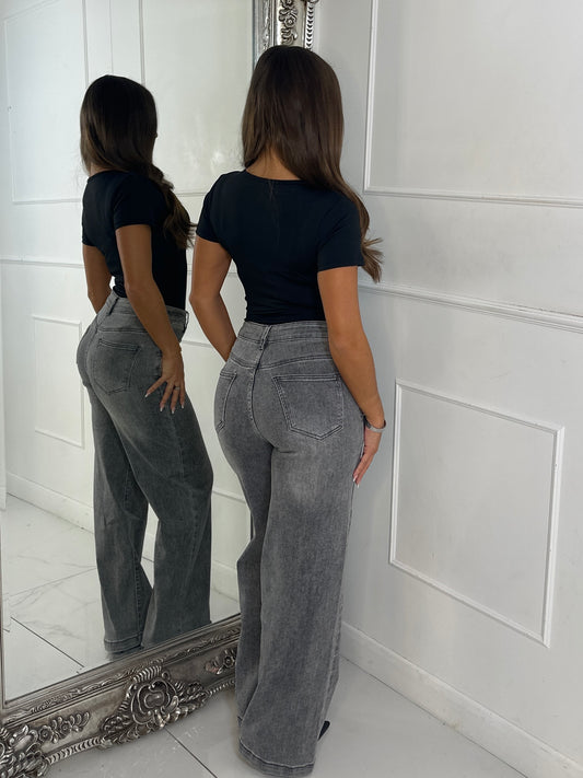 High Waisted Wide Leg Jeans - Grey