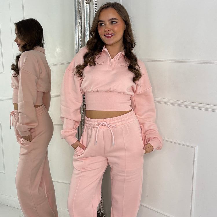 Cinch Waist Collared Cropped Jumper & Wide Leg Pants Co-Ord - Baby Pink