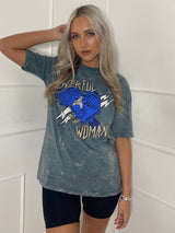 Powerful Woman Print Acid Wash T-Shirt - Grey