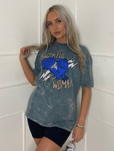 Powerful Woman Print Acid Wash T-Shirt - Grey