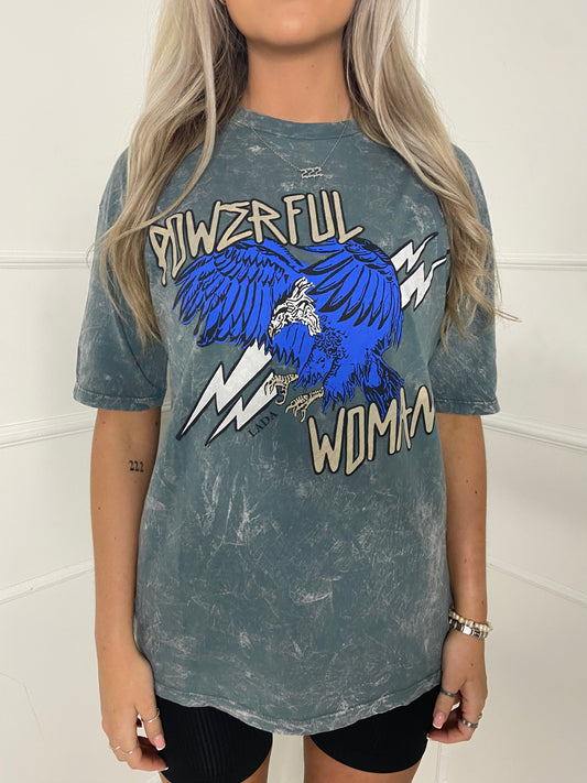 Powerful Woman Print Acid Wash T-Shirt - Grey