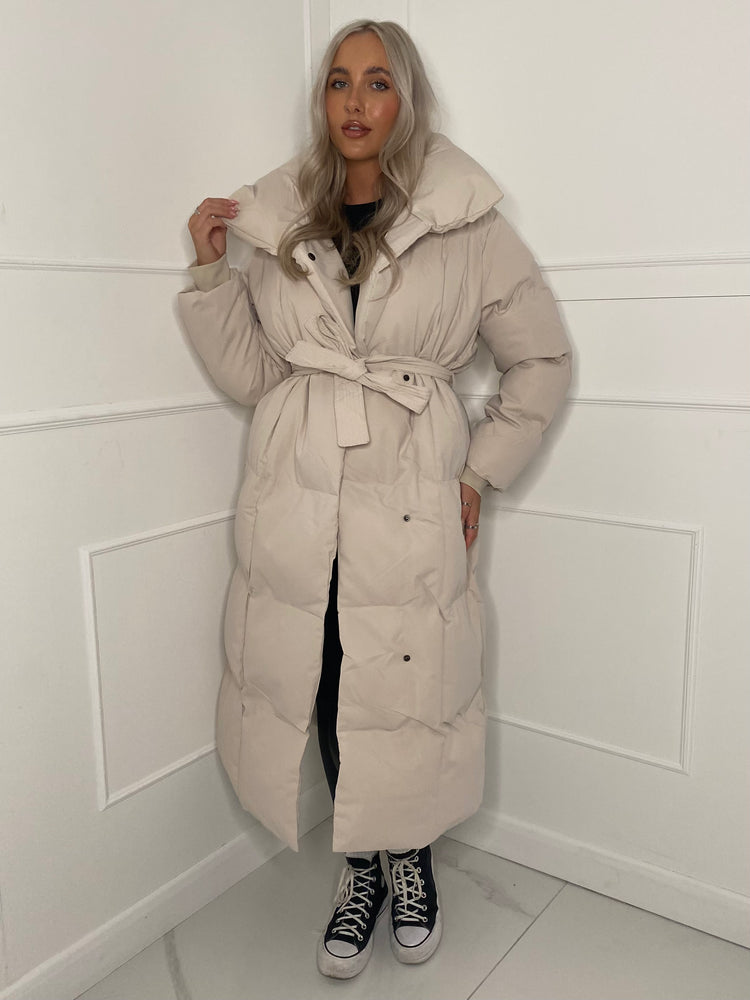 Long Belted Puffer Coat Cream