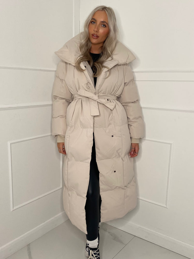 Long Belted Puffer Coat Cream