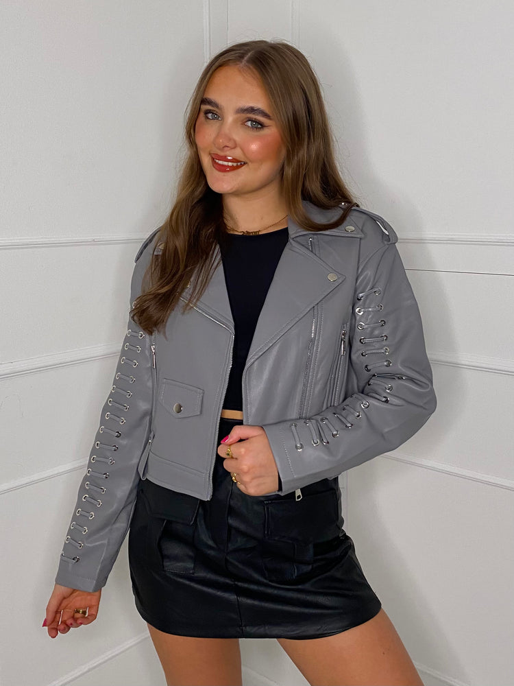 Lace Sleeve Leather Jacket - Grey