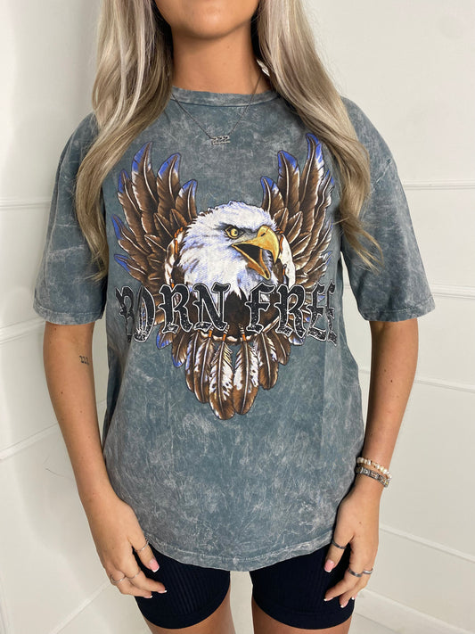 Eagle Print Acid Wash T-Shirt - Grey