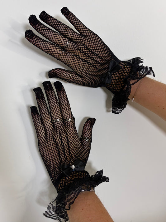 Bow Detail Fishnet Gloves - Black