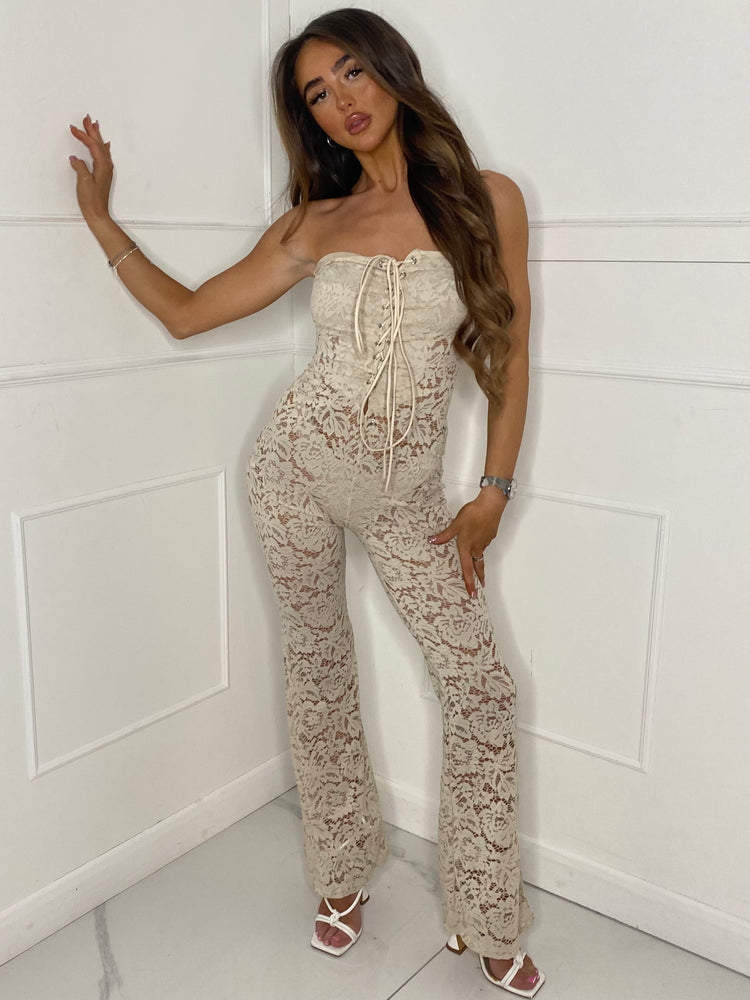 Lace Up Detail Jumpsuit - Beige