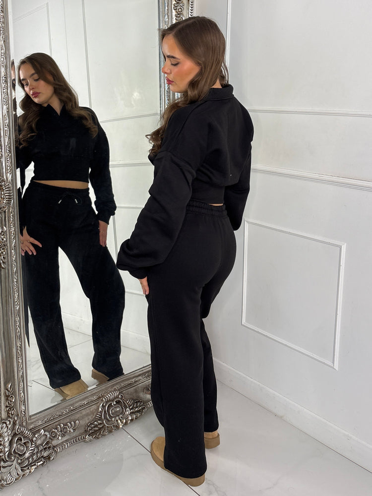 Cinch Waist Collared Cropped Jumper & Wide Leg Pants Co-Ord - Black