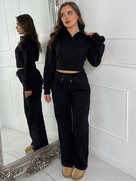 Cinch Waist Collared Cropped Jumper & Wide Leg Pants Co-Ord - Black
