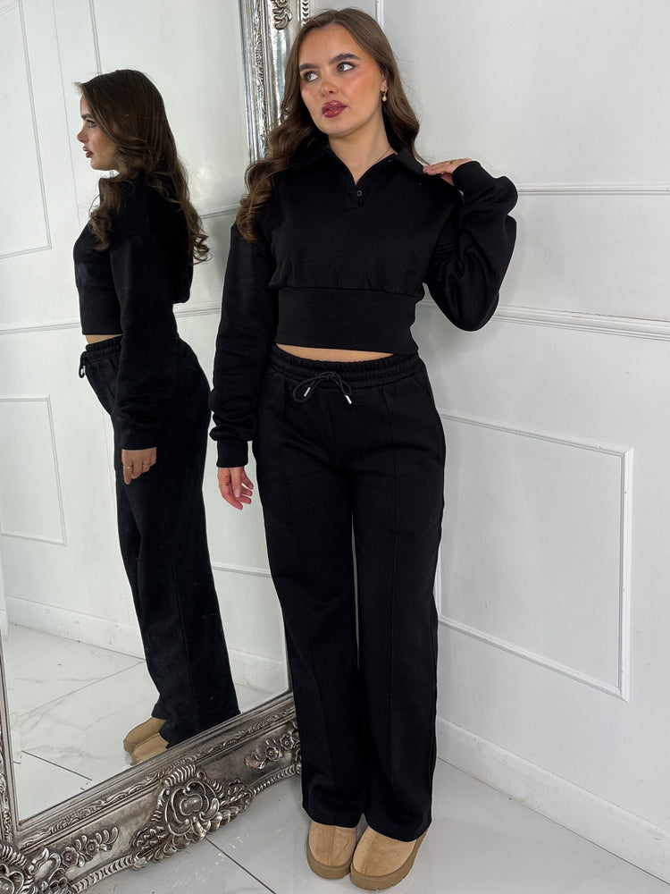 Cinch Waist Collared Cropped Jumper & Wide Leg Pants Co-Ord - Black