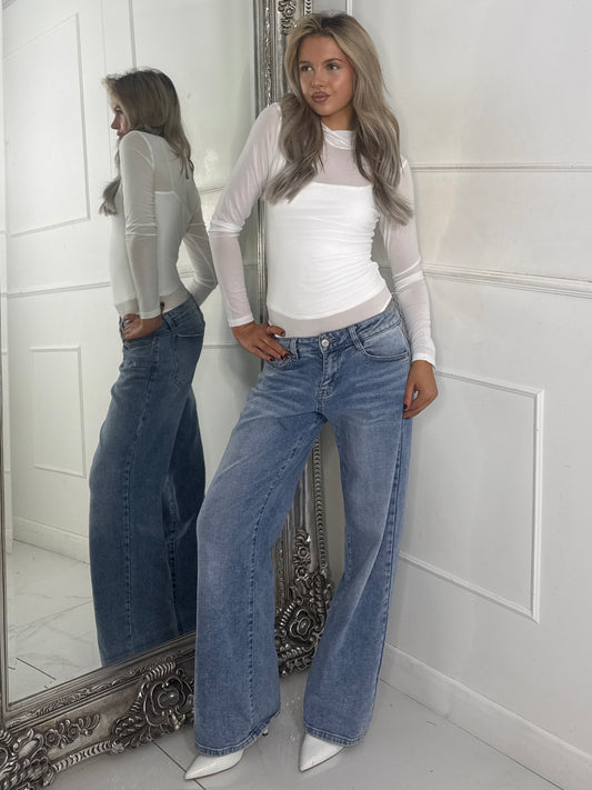 Mesh Long Sleeve Bodysuit With Under-layer Vest Top - White