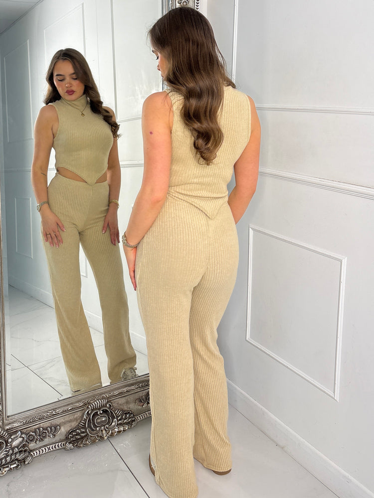 Knitted High Neck Sleeveless Asymmetric Top & Wide Leg Pants Co-Ord - Beige