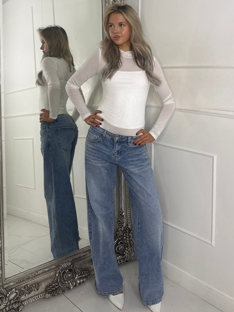 Mesh Long Sleeve Bodysuit With Under-layer Vest Top - White