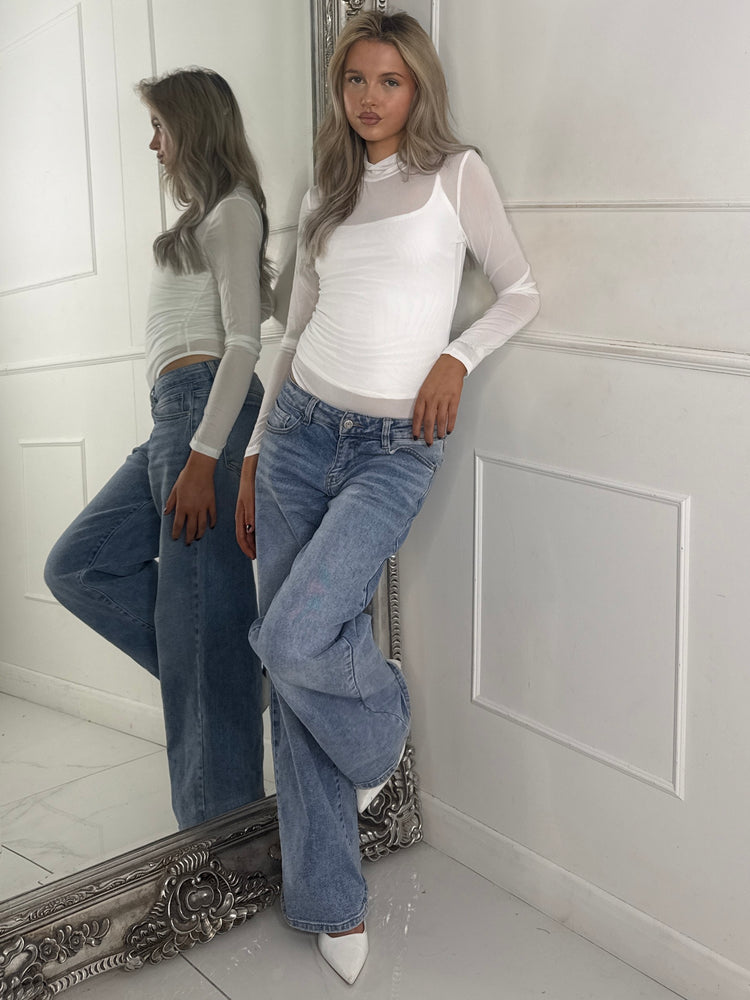 Mesh Long Sleeve Bodysuit With Under-layer Vest Top - White