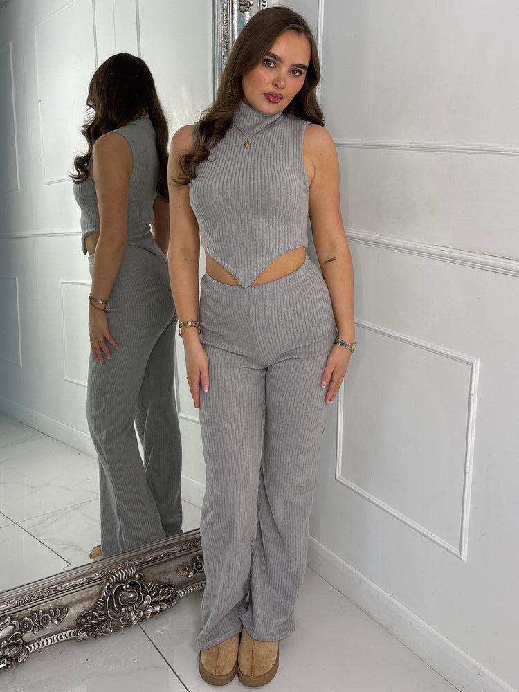 Knitted High Neck Sleeveless Asymmetric Top & Wide Leg Pants Co-Ord - Grey