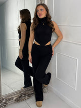 Knitted High Neck Sleeveless Asymmetric Top & Wide Leg Pants Co-Ord - Black