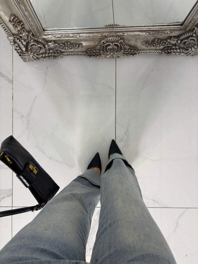 Low Waist Fold Over Hem Detailed Jeans - Washed Out Denim