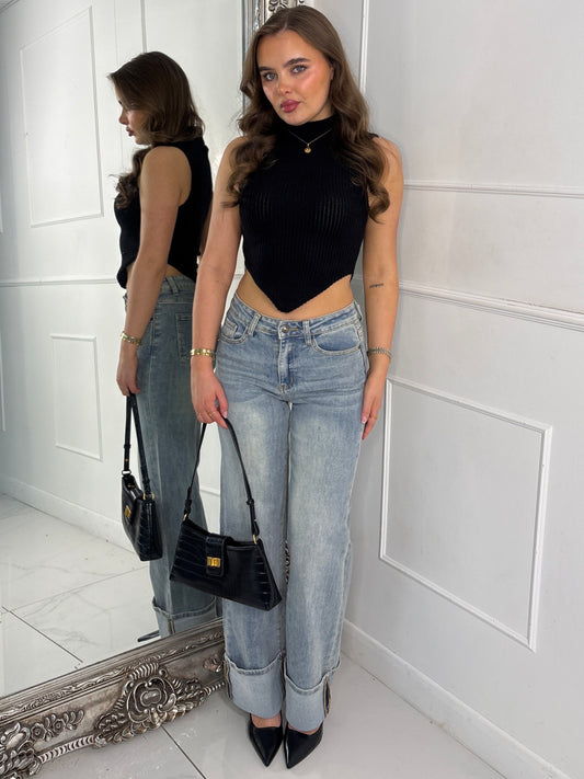 Low Waist Fold Over Hem Detailed Jeans - Washed Out Denim