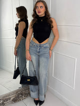 Low Waist Fold Over Hem Detailed Jeans - Washed Out Denim