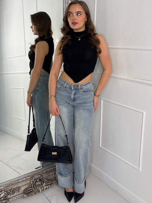 Low Waist Fold Over Hem Detailed Jeans - Washed Out Denim