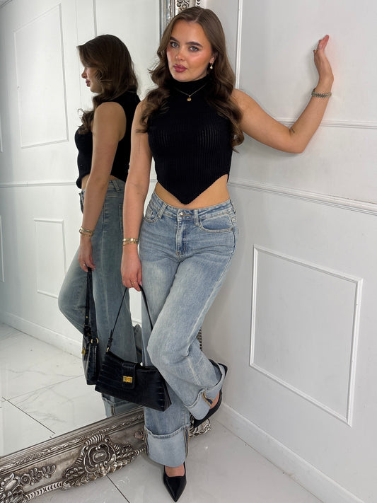 Low Waist Fold Over Hem Detailed Jeans - Washed Out Denim