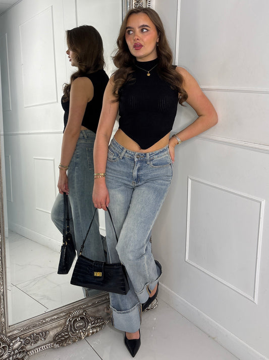 Low Waist Fold Over Hem Detailed Jeans - Washed Out Denim