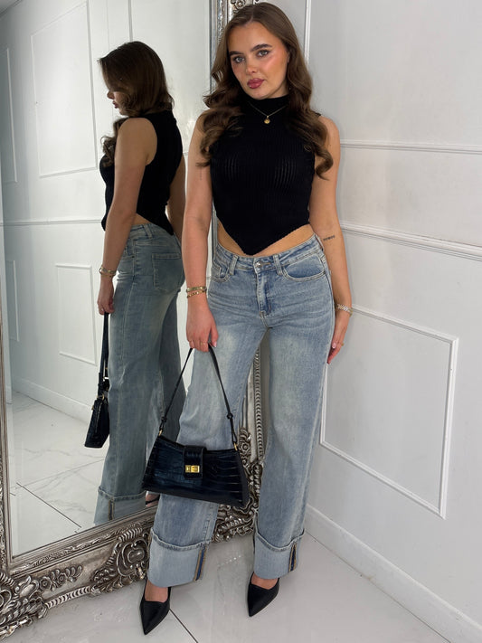 Low Waist Fold Over Hem Detailed Jeans - Washed Out Denim